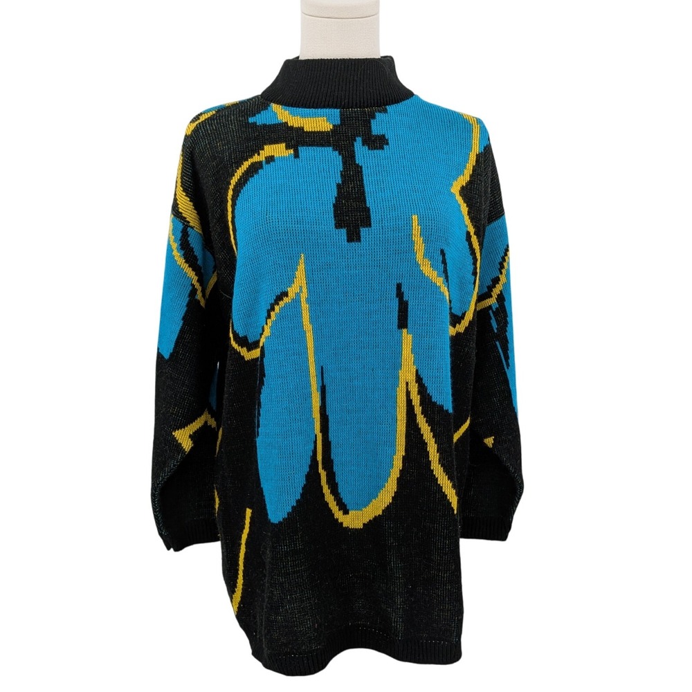Vintage 80s Helen Sue Graphic Oversized‎ Sweater Black Electric Blue Abstract